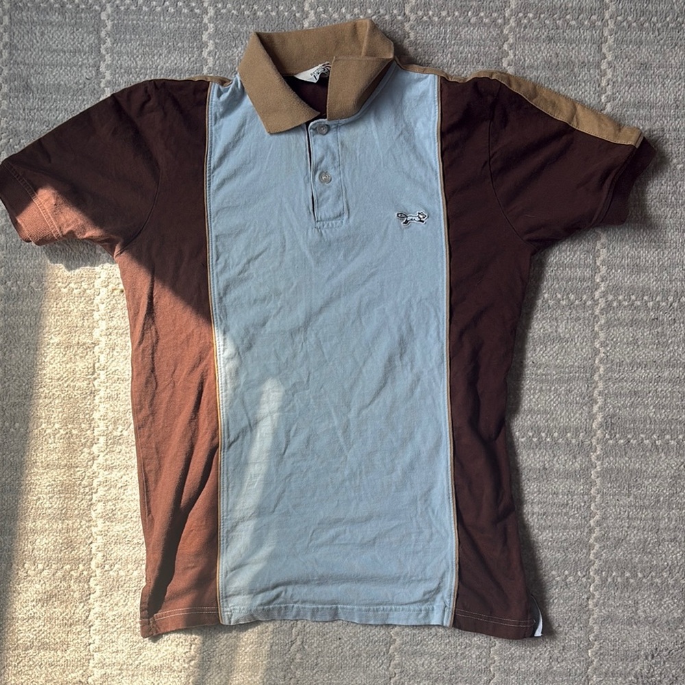 Vintage Retro Fox Men's Brown and Light Blue Polo Shirt